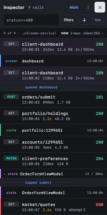 The in-app overlay: a list of calls with screen, cache and state signals and marker dividers between them