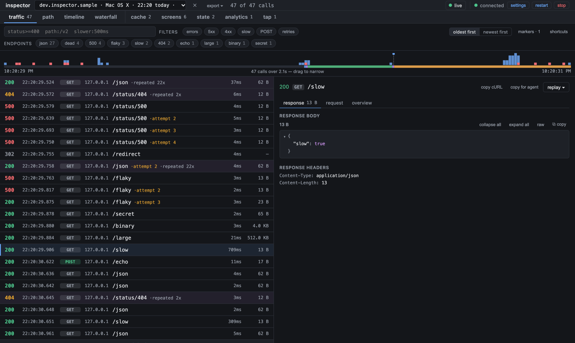 The web UI: a session's calls on the left, the selected call's JSON body on the right